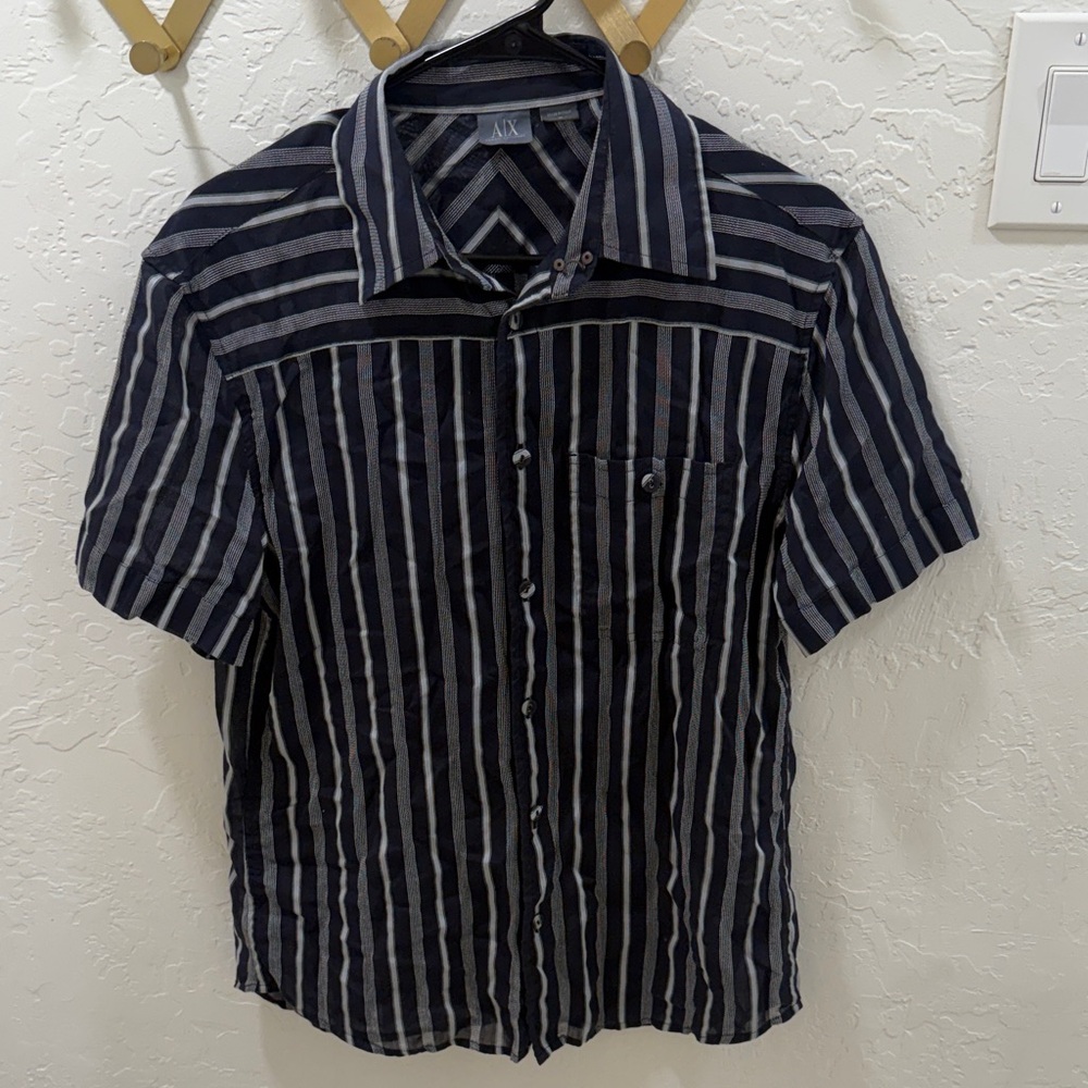 Armani Exchange Black and Gray Striped Shirt Medium